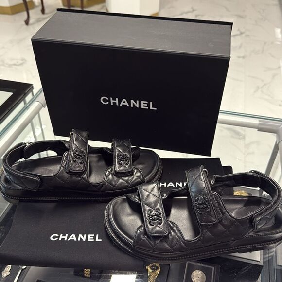 Authentic! BLACK Chanel Quilted Leather Dad Sandals box & dust covers SIZE 38C - Picture 7 of 10